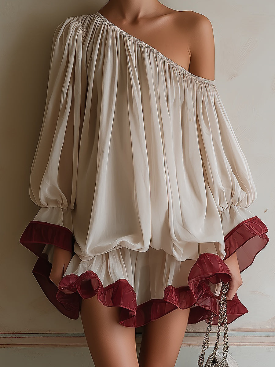 French One-shoulder Color-block Mini Dress With A Ruffled Hem