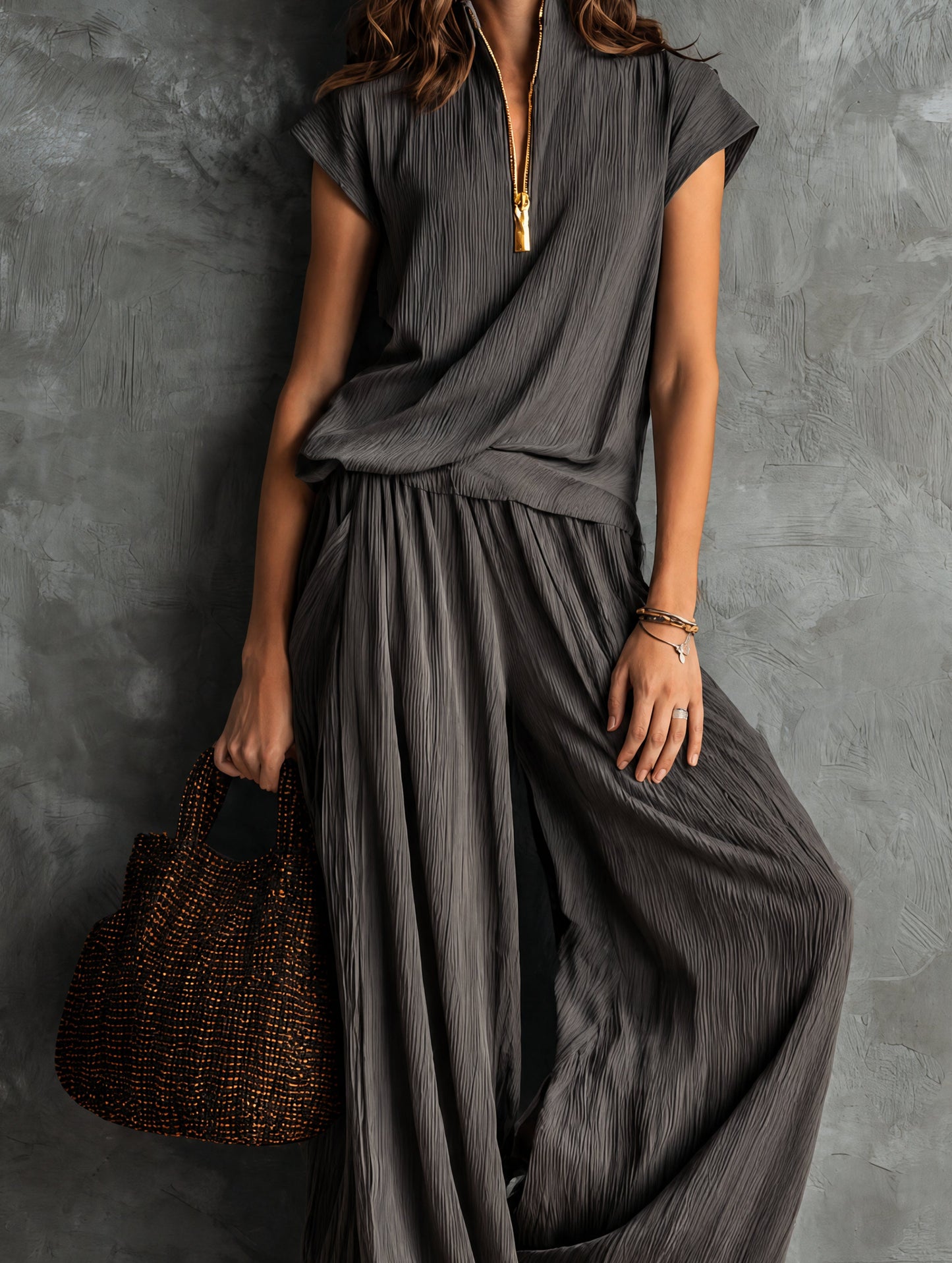 Casual grey textured zip-up top and trousers set