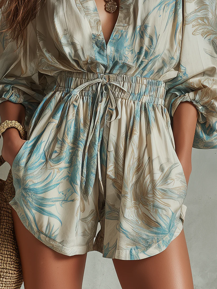Beige Print V Neck Short Set