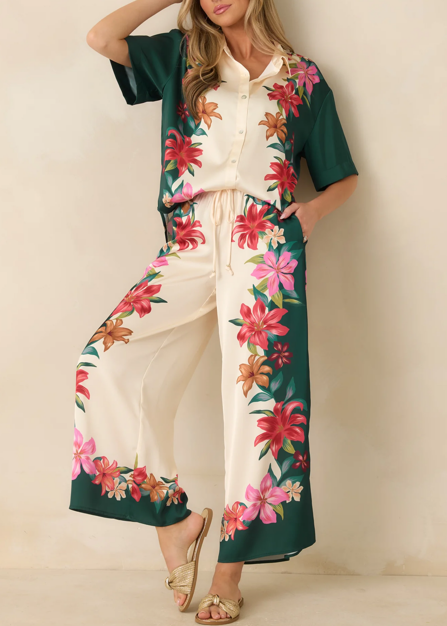 Beige Print Shirt Wide Leg Pant Set