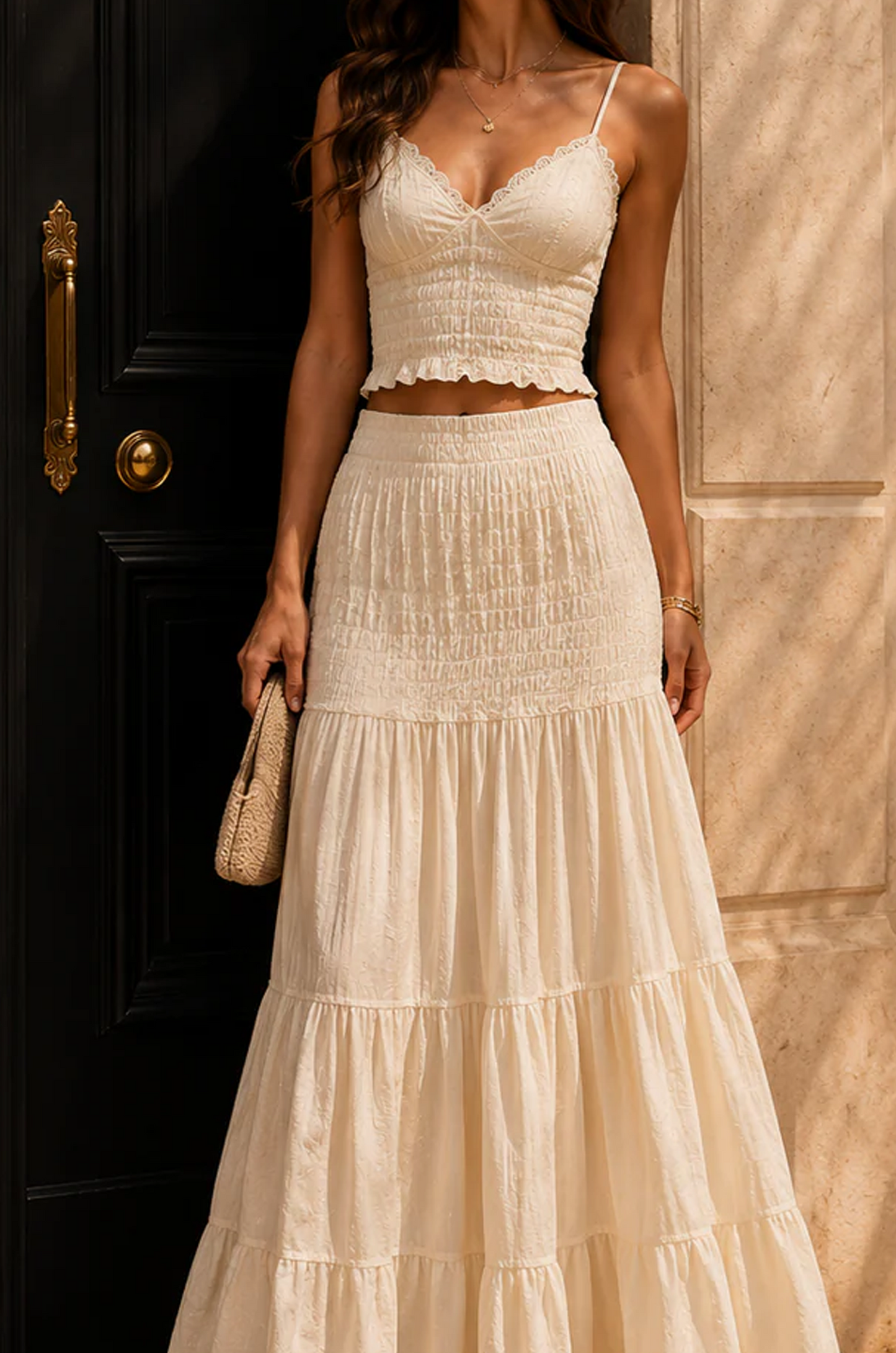 White Cami Ruched A Line Maxi Dress Set