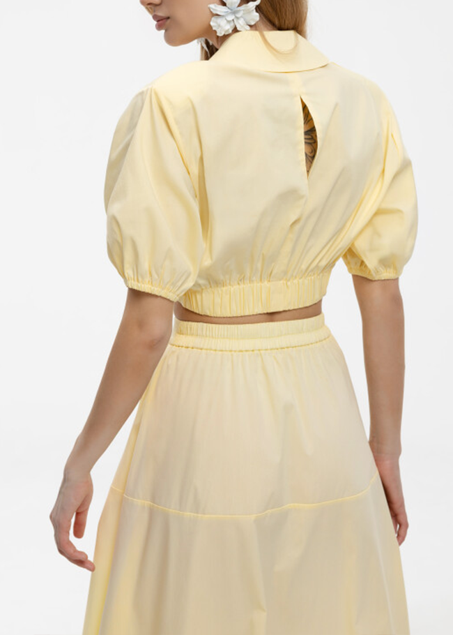 Yellow V Neck Crop Top Midi Skirt Set