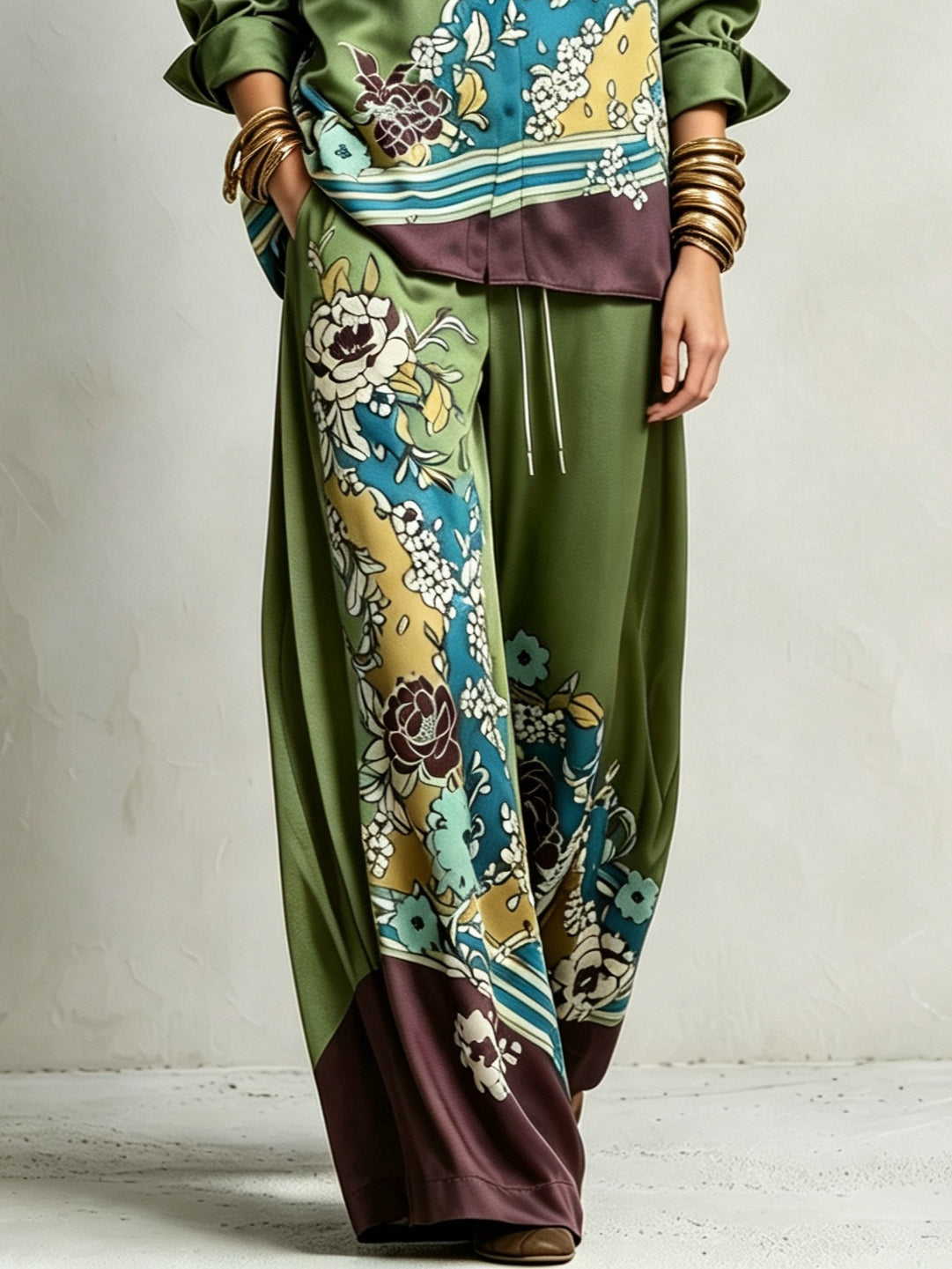 Bohemian Green Floral Print Shirt And Drawstring Wide-leg Pants Suit