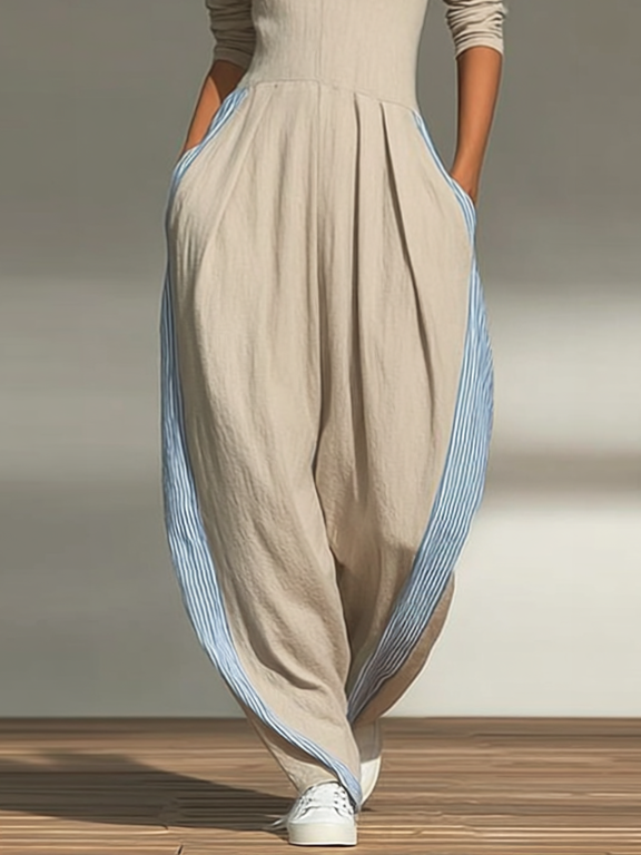 Structured Stand-Collar Striped Panel Jumpsuit