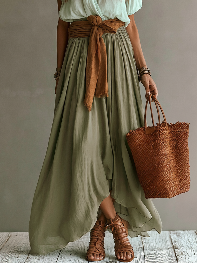 Chic Bohemian-Style Loose Top and Skirt Two-Piece Set(Waist Sash Not Included)