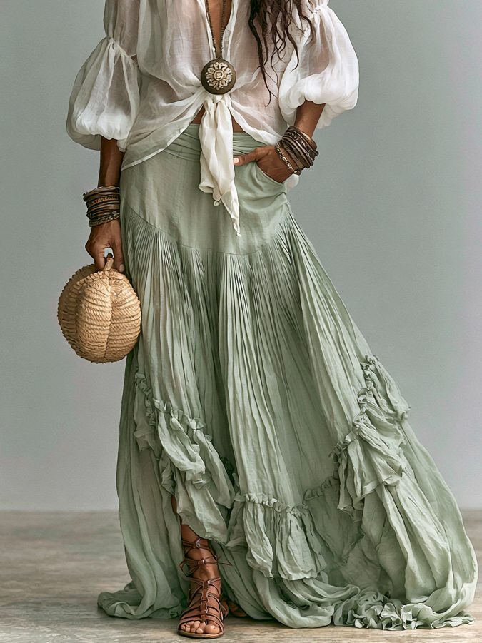 Lantern-Sleeve Shirt and Ruffled Skirt Bohemian Two-Piece Set