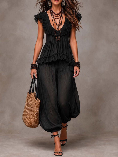 Black Bohemian V-Neck Lace Top and Harem Pants Set