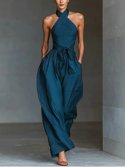 Navy Cross Halter Wide-Leg Jumpsuit With Side Pockets
