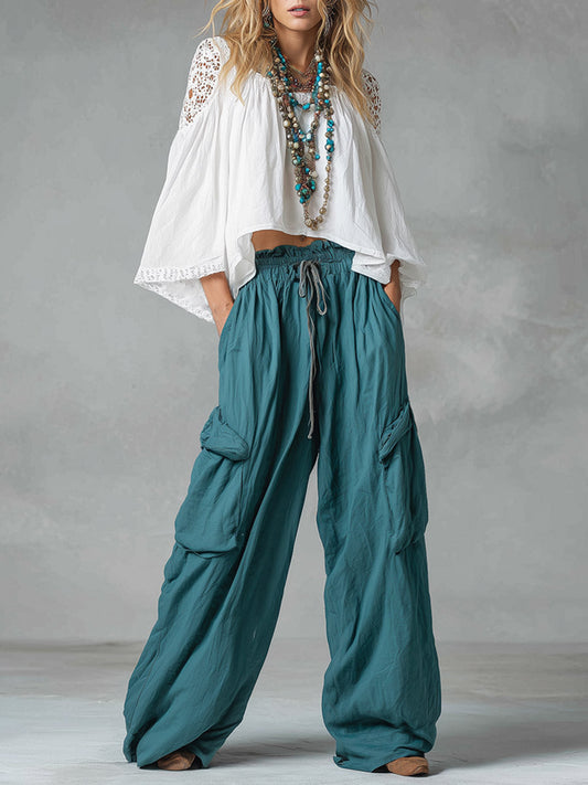 Vintage bohemian cutout lace shirt and cargo pants set