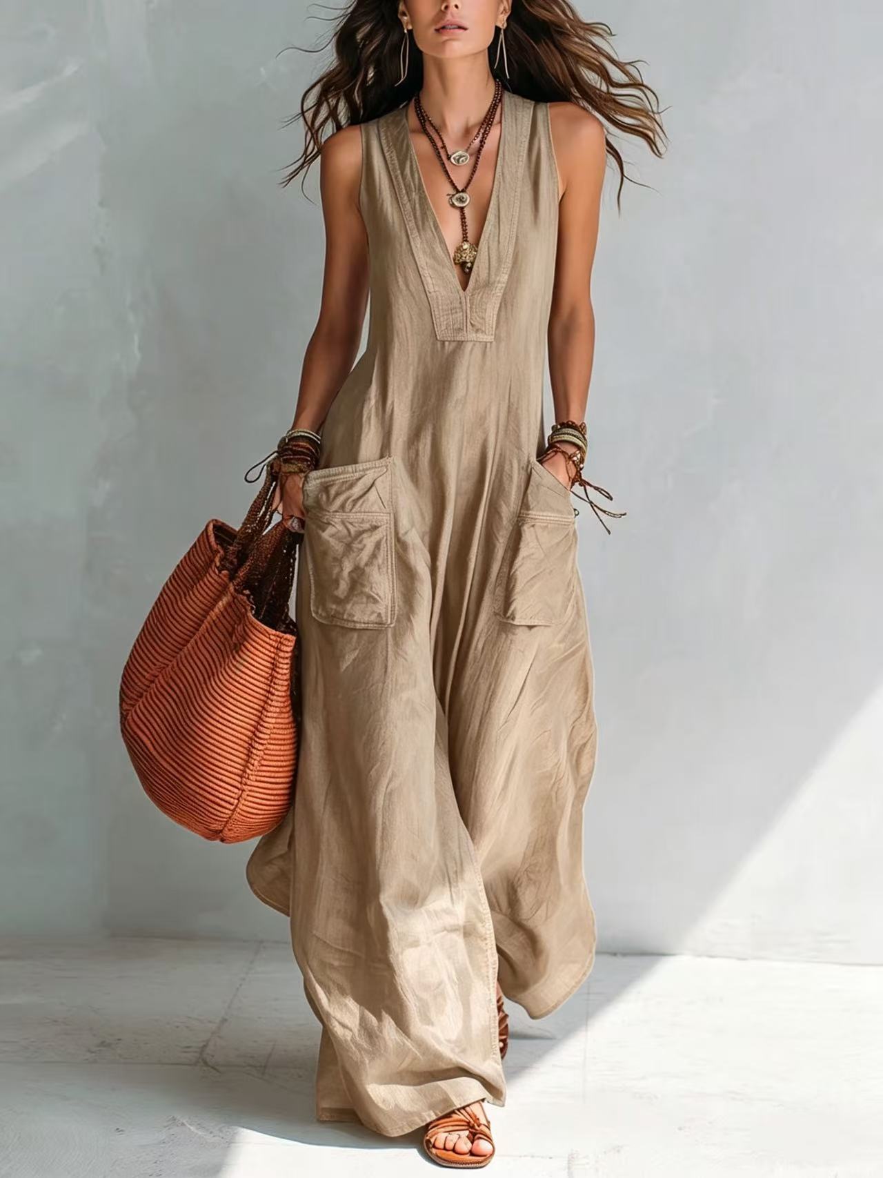 Solid-color V-neck loose-fit Euro-American style jumpsuit with large pockets