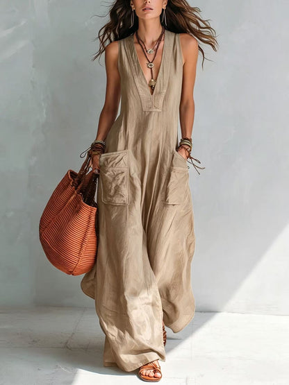 Solid-color V-neck loose-fit Euro-American style jumpsuit with large pockets