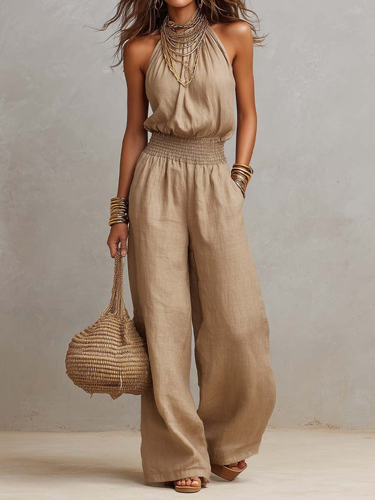 Khaki Halter-Neck Waist-Cinching Jumpsuit