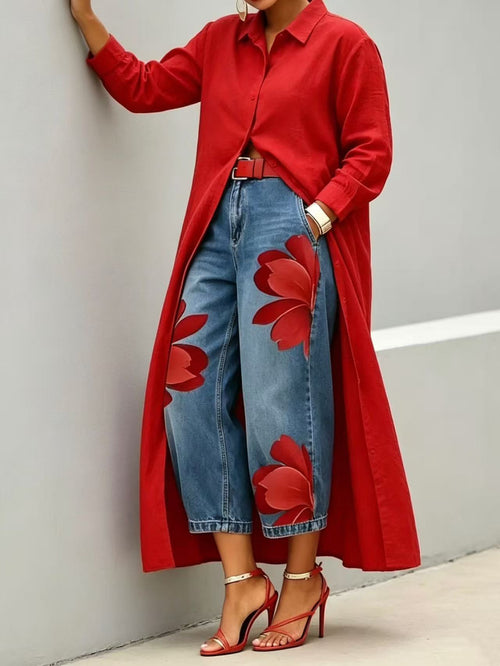 Long shirt paired with a floral wide-leg denim trouser set