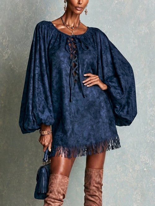 Navy Lace-Up Mini Dress with Tassel Hem and Loose Fit