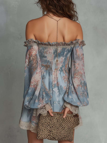 Romantic Floral Off-Shoulder Ruched Chiffon Mini Dress