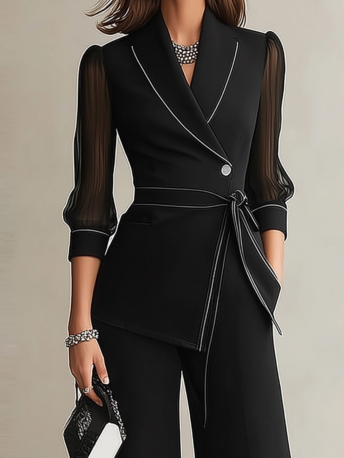 Black Sheer Mesh Sleeve Blazer Wide Leg Pant Set