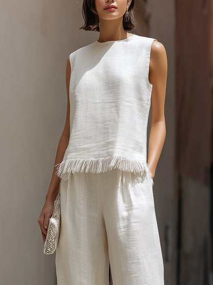 Minimalist sleeveless raw-edge top and trousers set