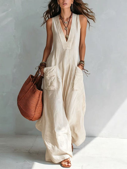 Solid-color V-neck loose-fit Euro-American style jumpsuit with large pockets