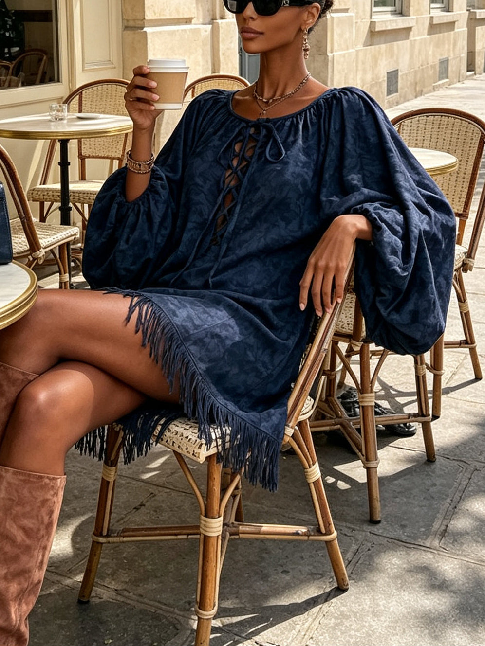 Navy Lace-Up Mini Dress with Tassel Hem and Loose Fit
