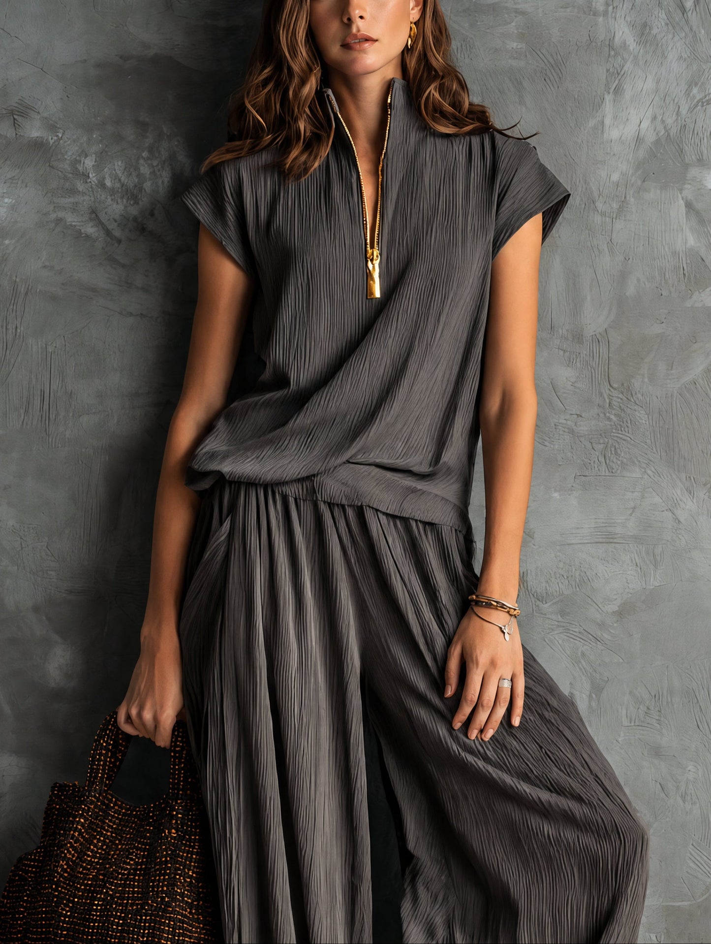 Casual grey textured zip-up top and trousers set