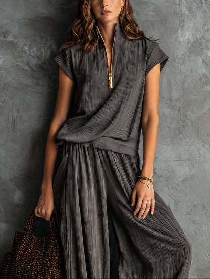 Casual grey textured zip-up top and trousers set