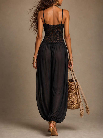 Black Lace and Chiffon Spaghetti-Strap Harem Jumpsuit