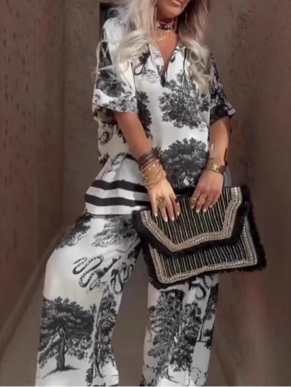 Casual V-neck printed short-sleeved top and wide-leg pants set