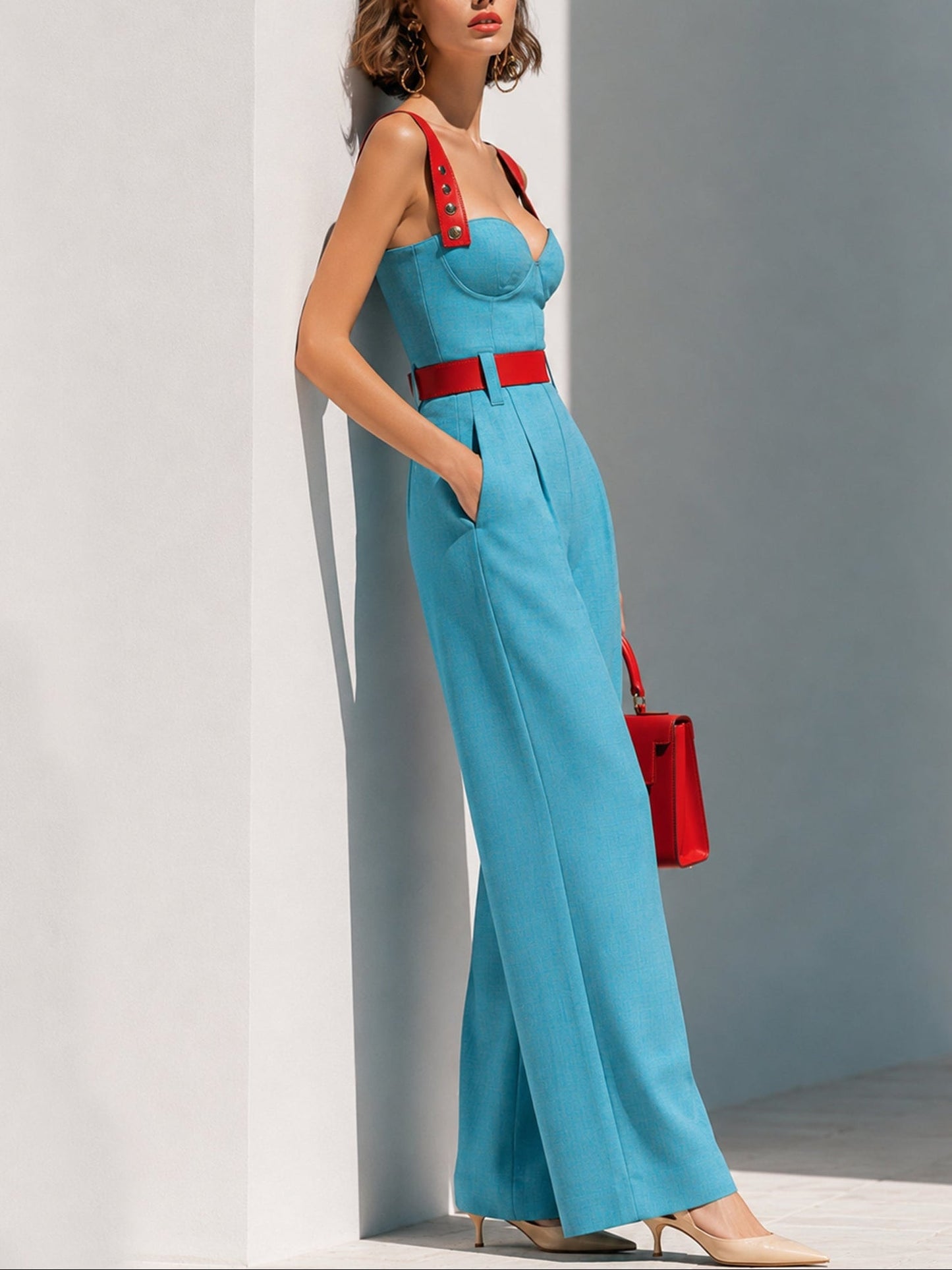 Stylish Red and Blue Color-Block Camisole Jumpsuit (Belt Included)
