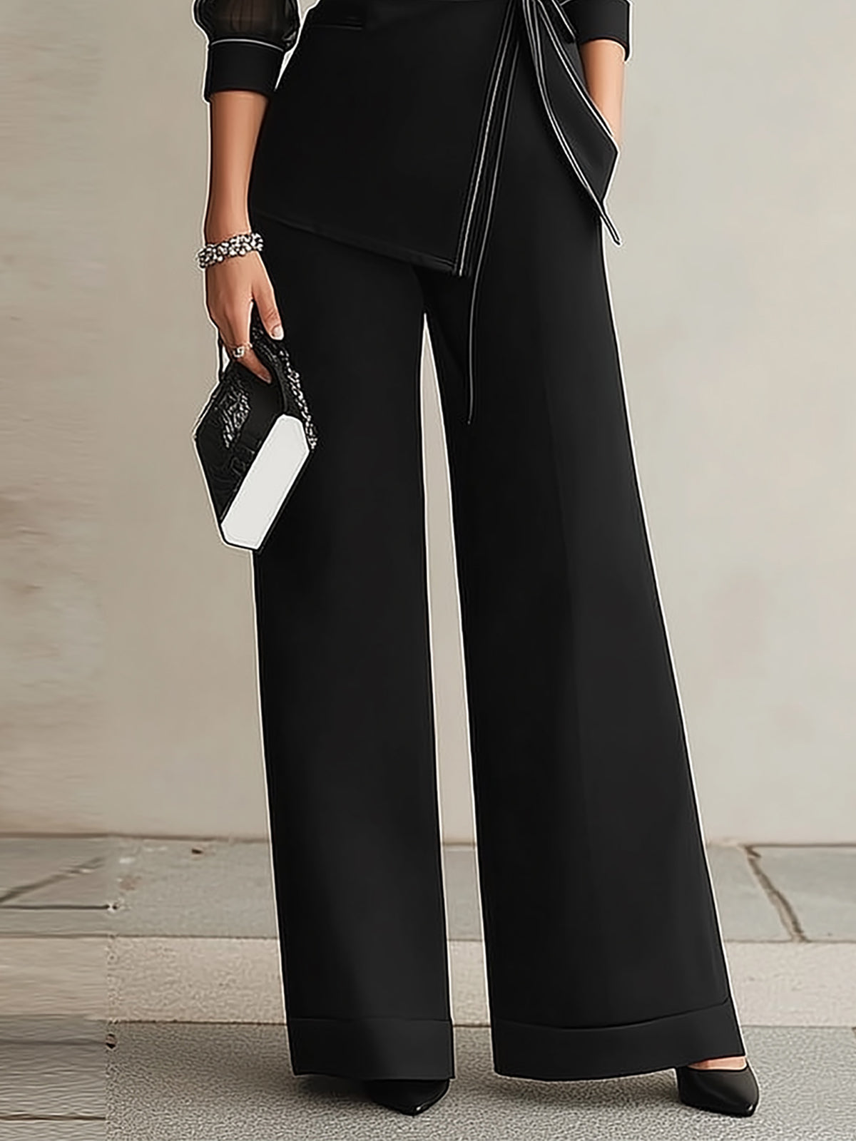 Black Sheer Mesh Sleeve Blazer Wide Leg Pant Set