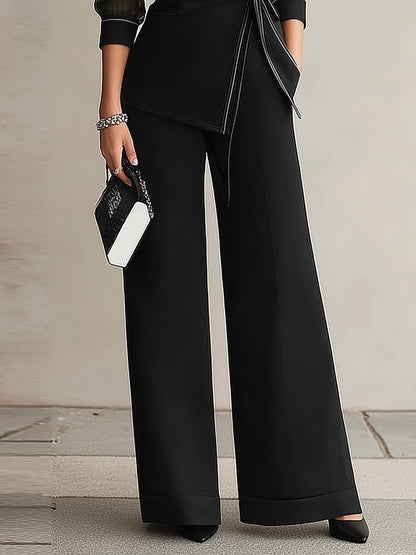 Black Sheer Mesh Sleeve Blazer Wide Leg Pant Set