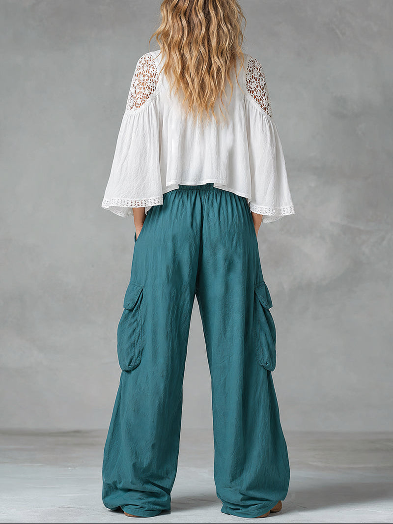 Vintage bohemian cutout lace shirt and cargo pants set