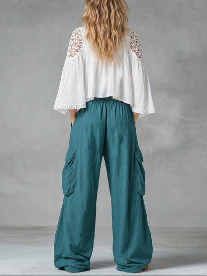 Vintage bohemian cutout lace shirt and cargo pants set