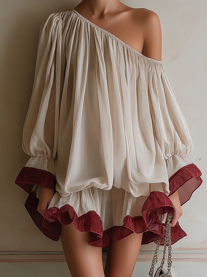 French One-shoulder Color-block Mini Dress With A Ruffled Hem