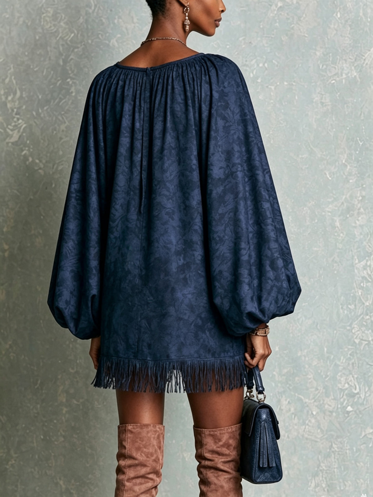 Navy Lace-Up Mini Dress with Tassel Hem and Loose Fit
