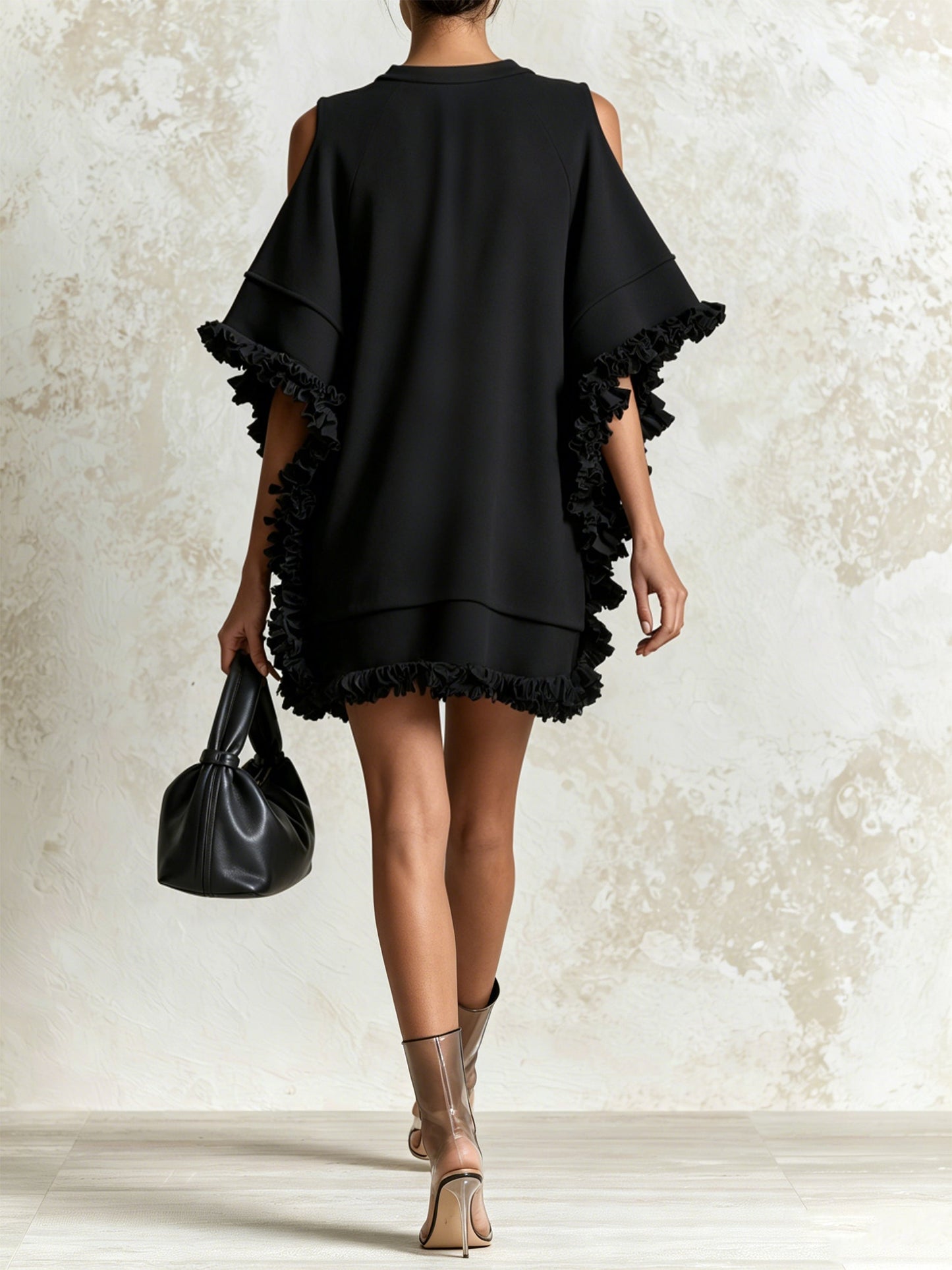 Black off-the-shoulder ruffled loose mini dress