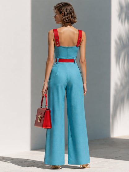 Stylish Red and Blue Color-Block Camisole Jumpsuit (Belt Included)