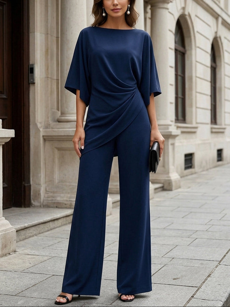 Navy Draped Waist Blouse And Wide-Leg Pants Two-Piece Set