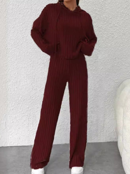 Loose hooded knitted striped long-sleeved set