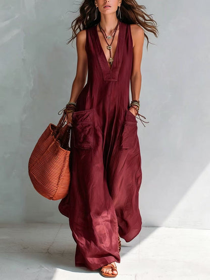 Solid-color V-neck loose-fit Euro-American style jumpsuit with large pockets