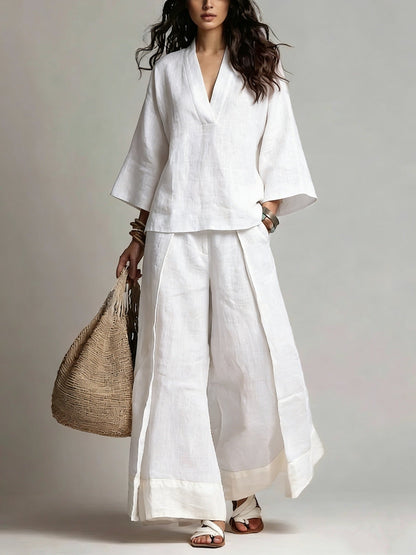 Pink V-neck Shirt And Color-blocked Wide-leg Pants Suit