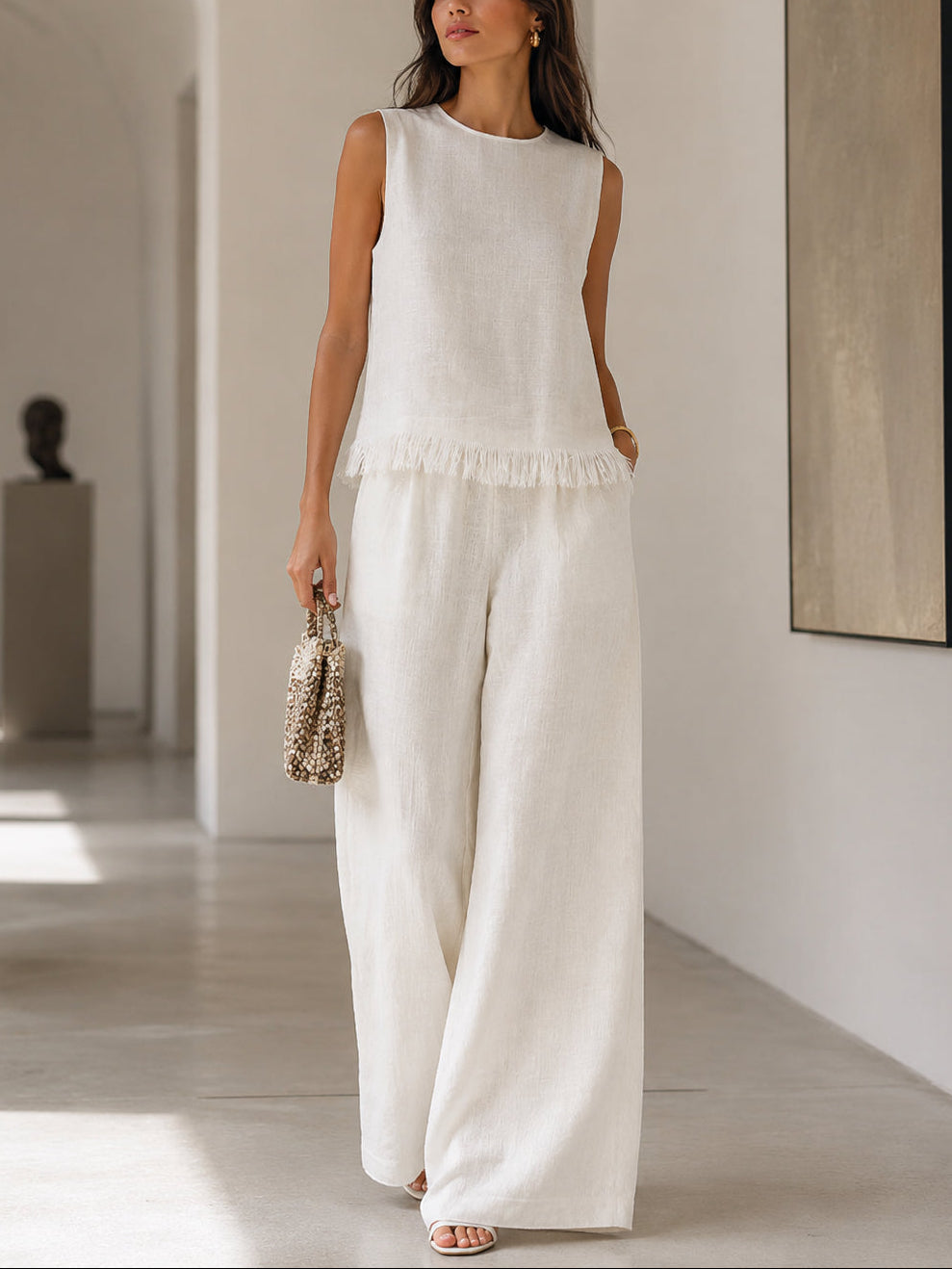 Minimalist sleeveless raw-edge top and trousers set