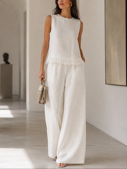 Minimalist sleeveless raw-edge top and trousers set