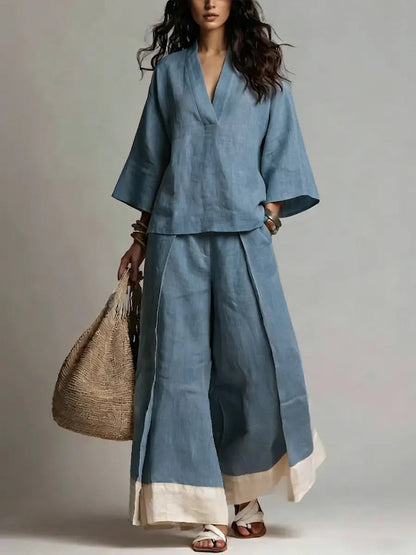Pink V-neck Shirt And Color-blocked Wide-leg Pants Suit