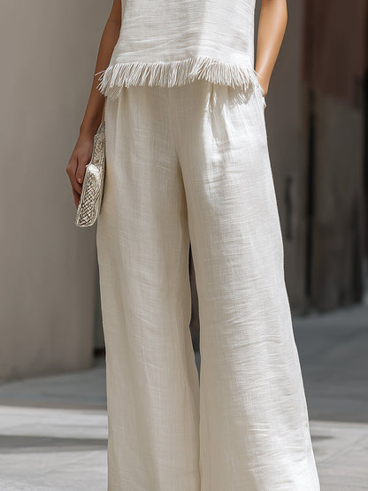 Minimalist sleeveless raw-edge top and trousers set