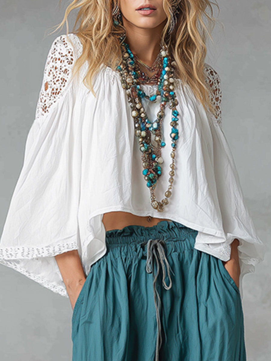 Vintage bohemian cutout lace shirt and cargo pants set