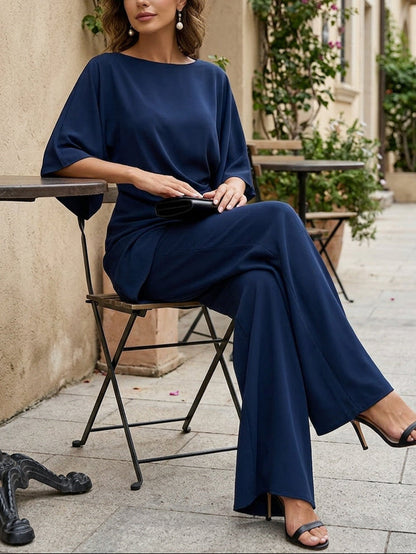 Navy Draped Waist Blouse And Wide-Leg Pants Two-Piece Set