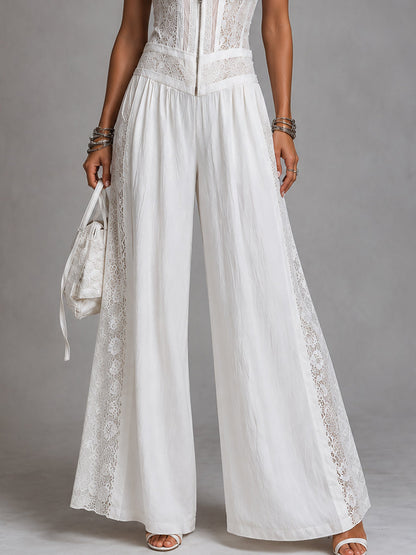 Vintage stand-collar wide-leg jumpsuit with lace paneling