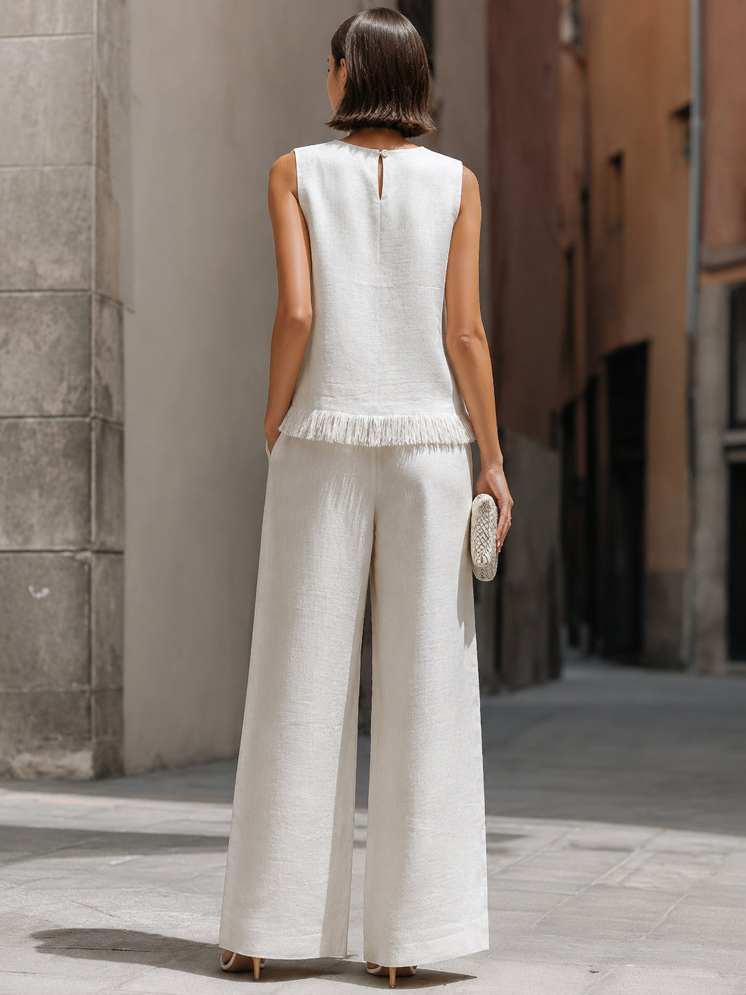 Minimalist sleeveless raw-edge top and trousers set