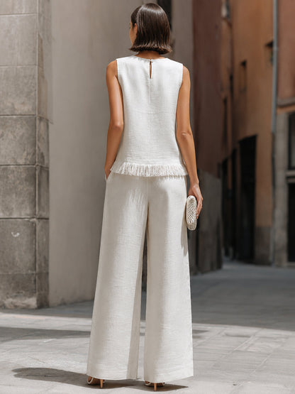 Minimalist sleeveless raw-edge top and trousers set