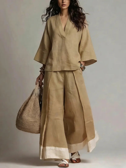Pink V-neck Shirt And Color-blocked Wide-leg Pants Suit